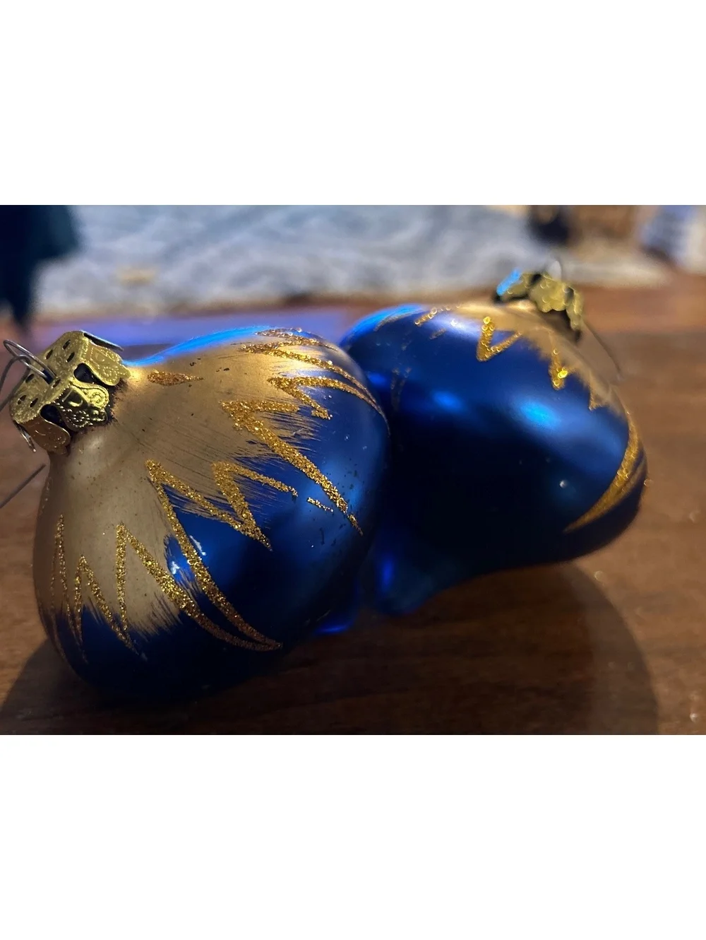 Vintage Blue and Gold Glass Christmas Baubles Ornaments - Set of 2